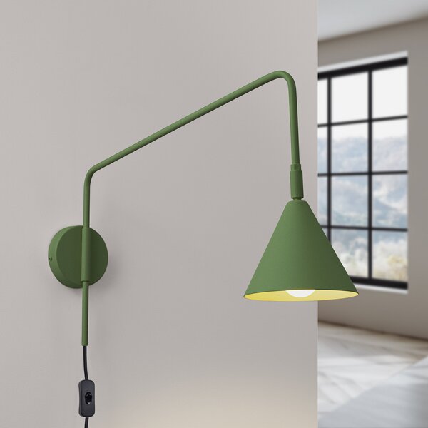 SOLLUX LIGHTING Стенна лампа LYS, маслиненозелена, Ø 14 cm, метал, щепсел, E14, Зелен, Дневна/трапезария, Метал, Скандинавски, Кръгла стена