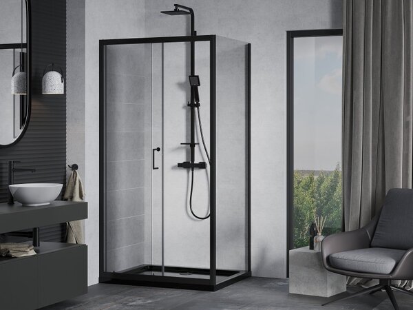 Mexen Apia плъзгаща се душ кабина 90 x 70 см, прозрачна, черна + душ под тава Flat