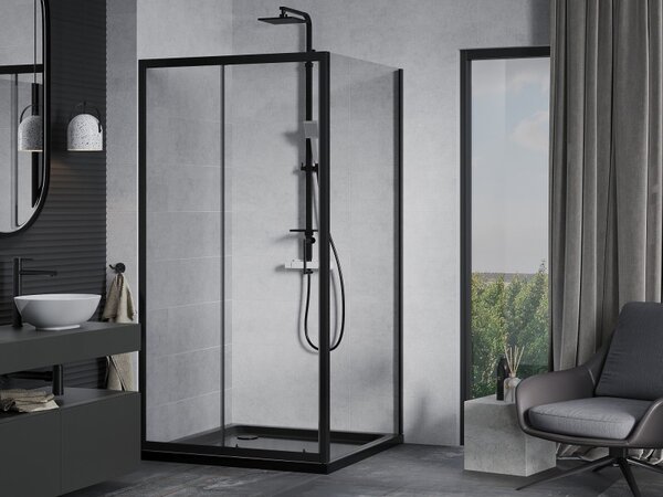 Mexen Apia плъзгаща се душ кабина 90 x 90 см, прозрачна, черна + плоска тава