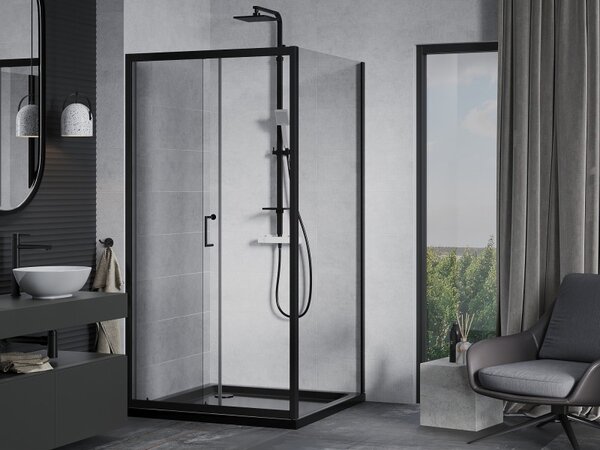 Mexen Apia плъзгаща се душ кабина 90 x 90 см, прозрачна, черна + плоска тава