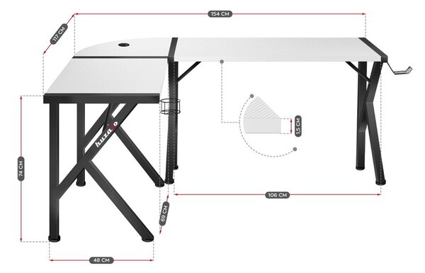 Бюро Huzaro Hero 6.3 Бял Черен Стомана Подложка от Въглеродни Влакна 154 x 74 x 117 cm