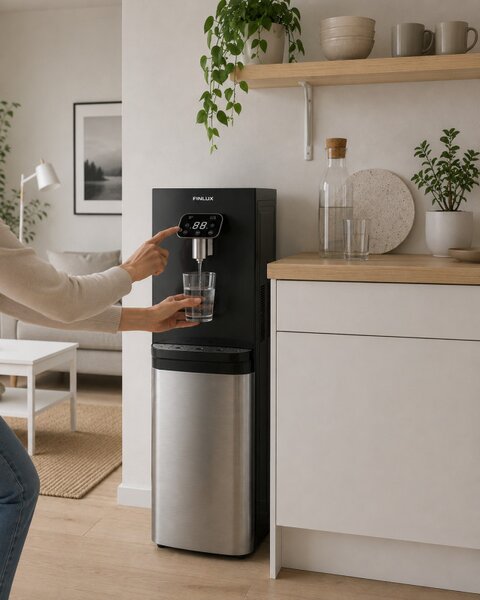 Диспенсър за вода Finlux FWD-2611TS, 520W, 12-95°C, Охлаждане 3 л/ч, Затопляне 5 л/ч, Компресорен, Черен/сребрист