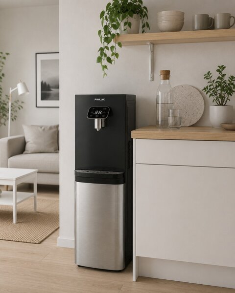Диспенсър за вода Finlux FWD-2611TS, 520W, 12-95°C, Охлаждане 3 л/ч, Затопляне 5 л/ч, Компресорен, Черен/сребрист