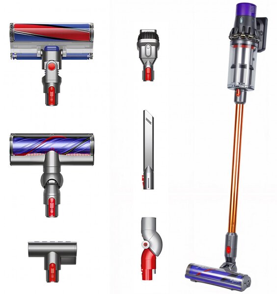 Вертикална прахосмукачка Dyson Cyclone V10 Absolute 448883-01, 150AW, 125000 об/мин, 0.77l, 60 мин, 3 режима, 2 Tier Cyclone™, HEPA, Тиха, Хигиенично изпразване, Без заплитане, Никел/оранжев
