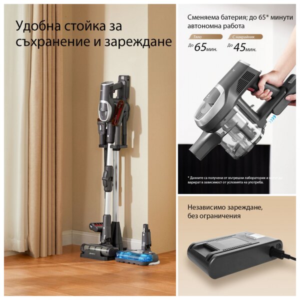 Вертикална прахосмукачка 2в1 Jimmy JV9 Pro Aqua, 500W, 21 kPa, 65 мин, 500 мл, 4 режима, Dual-Cyclonic, LED, Мокро/сухо, Сив/черен