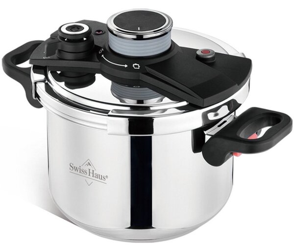 Тенджера под налягане Swiss Haus SH-PCA8L, 8 л, 24х18.6 см, 100 kPa, Неръждаема стомана, Без PFAS, Трислойно дъно, Индукция, Сребрист