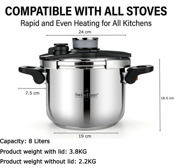 Тенджера под налягане Swiss Haus SH-PCA8L, 8 л, 24х18.6 см, 100 kPa, Неръждаема стомана, Без PFAS, Трислойно дъно, Индукция, Сребрист