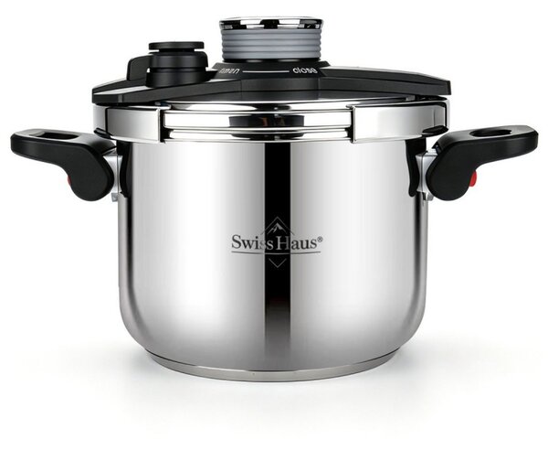 Тенджера под налягане Swiss Haus SH-PCA8L, 8 л, 24х18.6 см, 100 kPa, Неръждаема стомана, Без PFAS, Трислойно дъно, Индукция, Сребрист