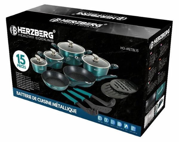 Комплект съдове за готвене Herzberg HG-METBL15, 15 части, Мраморно покритие, Стъклени капаци, Индукция, Ментово зелен