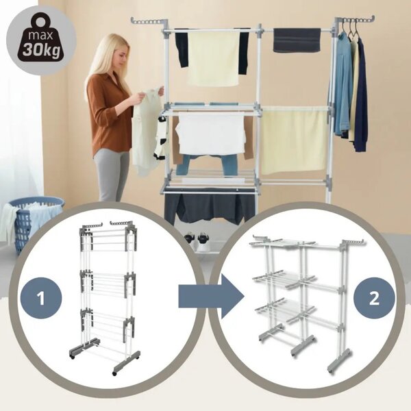 Сушилник за дрехи Kinghoff KH 2044, 30 м, До 30 кг, 3 нива, Колелца, Стомана, Бял/сив