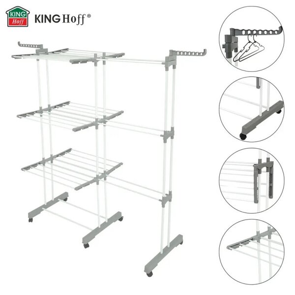 Сушилник за дрехи Kinghoff KH 2044, 30 м, До 30 кг, 3 нива, Колелца, Стомана, Бял/сив