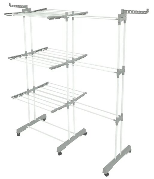 Сушилник за дрехи Kinghoff KH 2044, 30 м, До 30 кг, 3 нива, Колелца, Стомана, Бял/сив