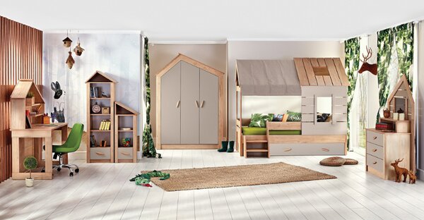 Детско бюро Carmen MY HOUSE, 120х149х60 см, 2 рафта, USB + Type C, Кафяв/натурален