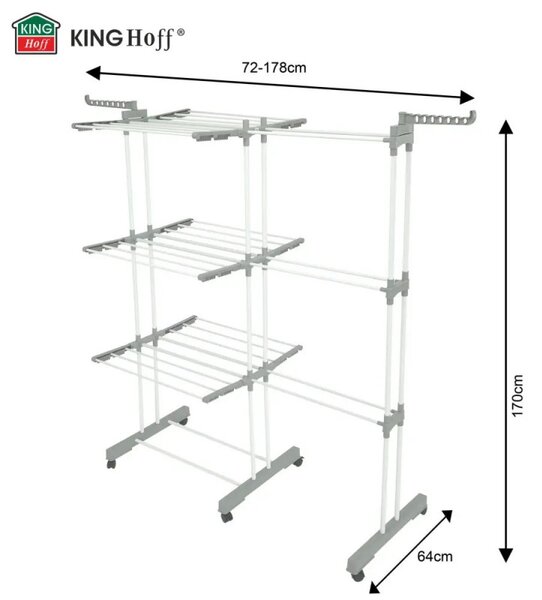 Сушилник за дрехи Kinghoff KH 2044, 30 м, До 30 кг, 3 нива, Колелца, Стомана, Бял/сив