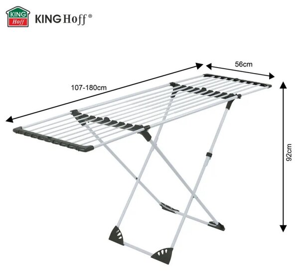 Сгъваем сушилник за дрехи Kinghoff KH 2042, 20 м, До 20 кг, Регулируема дължина, Противоплъзгащи накрайници, Бял/черен