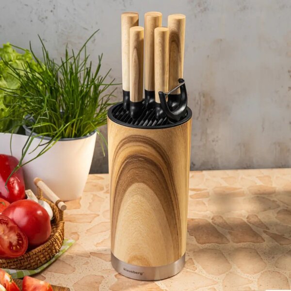 Комплект кухненски ножове Klausberg KB 9036, 7 ч, Неръждаема стомана, Дървесен ефект, Стойка, Кафяв