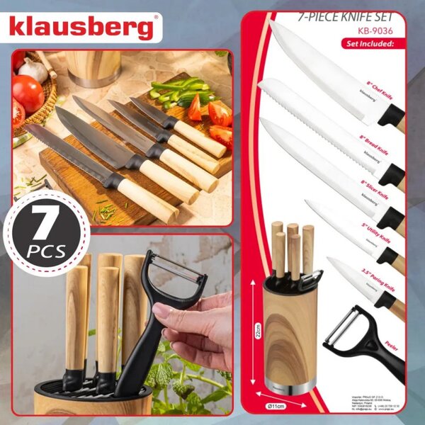 Комплект кухненски ножове Klausberg KB 9036, 7 ч, Неръждаема стомана, Дървесен ефект, Стойка, Кафяв