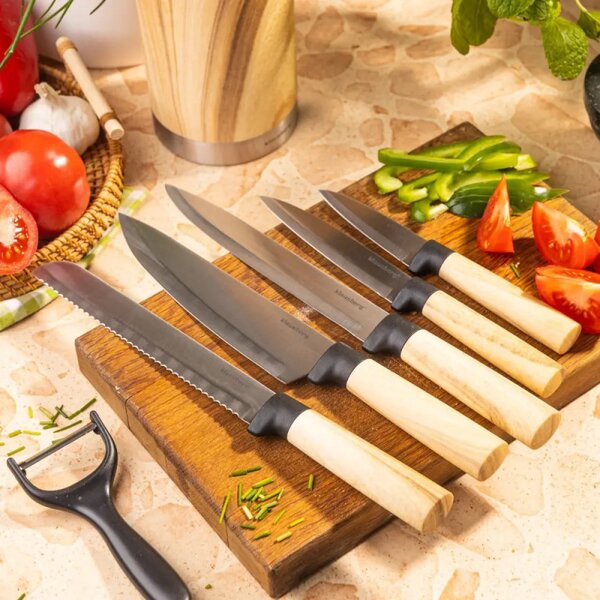 Комплект кухненски ножове Klausberg KB 9036, 7 ч, Неръждаема стомана, Дървесен ефект, Стойка, Кафяв
