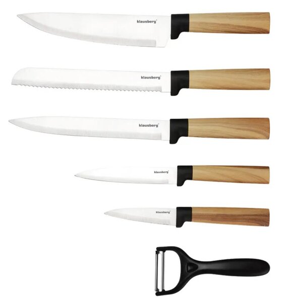 Комплект кухненски ножове Klausberg KB 9036, 7 ч, Неръждаема стомана, Дървесен ефект, Стойка, Кафяв