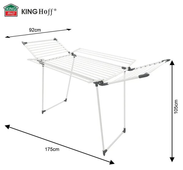 Сгъваем сушилник за дрехи Kinghoff KH 2041, 25 м, До 20 кг, Противоплъзгащи накрайници, Стомана, Бял/сив