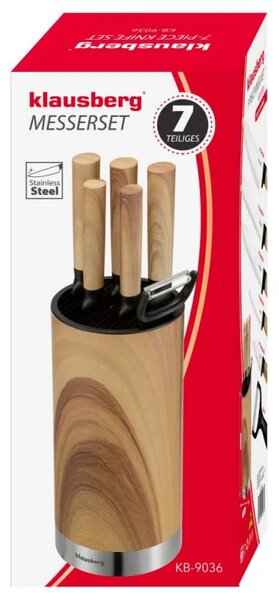 Комплект кухненски ножове Klausberg KB 9036, 7 ч, Неръждаема стомана, Дървесен ефект, Стойка, Кафяв