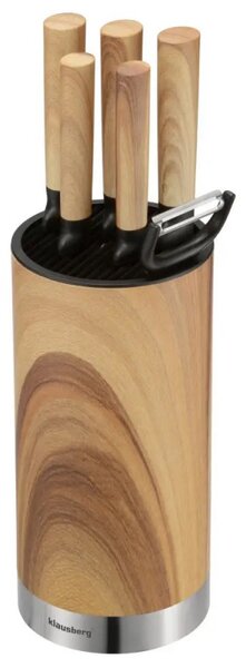 Комплект кухненски ножове Klausberg KB 9036, 7 ч, Неръждаема стомана, Дървесен ефект, Стойка, Кафяв