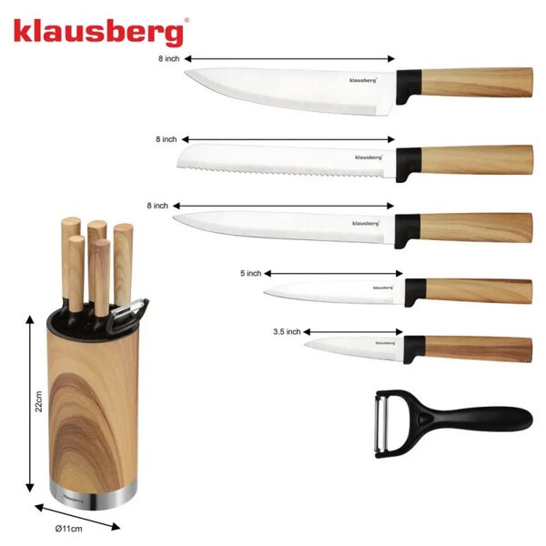Комплект кухненски ножове Klausberg KB 9036, 7 ч, Неръждаема стомана, Дървесен ефект, Стойка, Кафяв