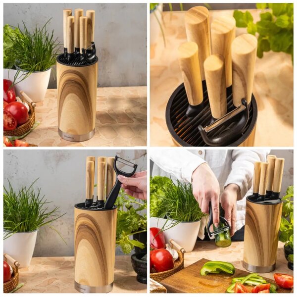Комплект кухненски ножове Klausberg KB 9036, 7 ч, Неръждаема стомана, Дървесен ефект, Стойка, Кафяв