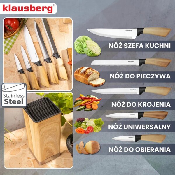 Комплект кухненски ножове Klausberg KB 9035, 6 ч, Неръждаема стомана, Стойка, Кафяв