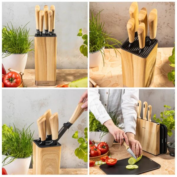 Комплект кухненски ножове Klausberg KB 9035, 6 ч, Неръждаема стомана, Стойка, Кафяв