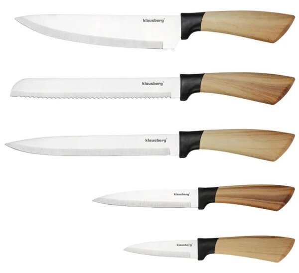 Комплект кухненски ножове Klausberg KB 9035, 6 ч, Неръждаема стомана, Стойка, Кафяв