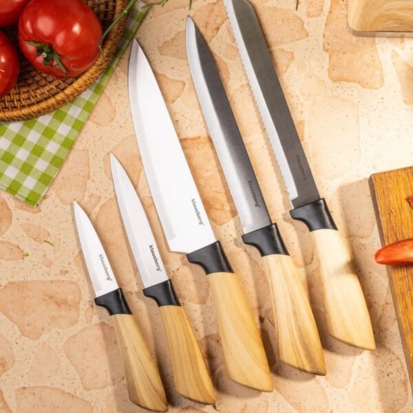 Комплект кухненски ножове Klausberg KB 9035, 6 ч, Неръждаема стомана, Стойка, Кафяв