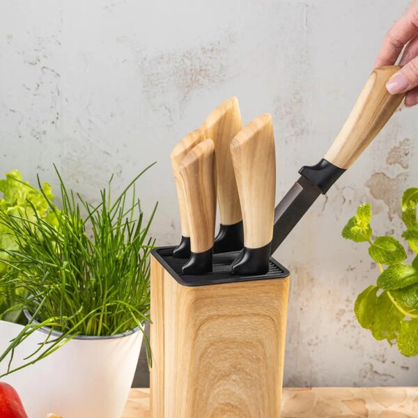 Комплект кухненски ножове Klausberg KB 9035, 6 ч, Неръждаема стомана, Стойка, Кафяв