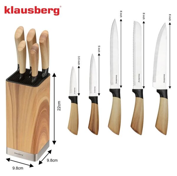 Комплект кухненски ножове Klausberg KB 9035, 6 ч, Неръждаема стомана, Стойка, Кафяв
