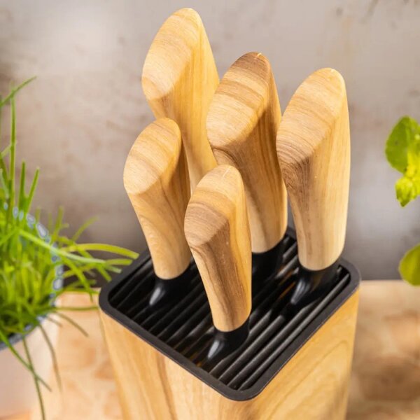 Комплект кухненски ножове Klausberg KB 9035, 6 ч, Неръждаема стомана, Стойка, Кафяв