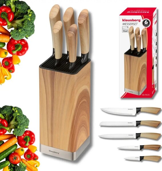 Комплект кухненски ножове Klausberg KB 9035, 6 ч, Неръждаема стомана, Стойка, Кафяв