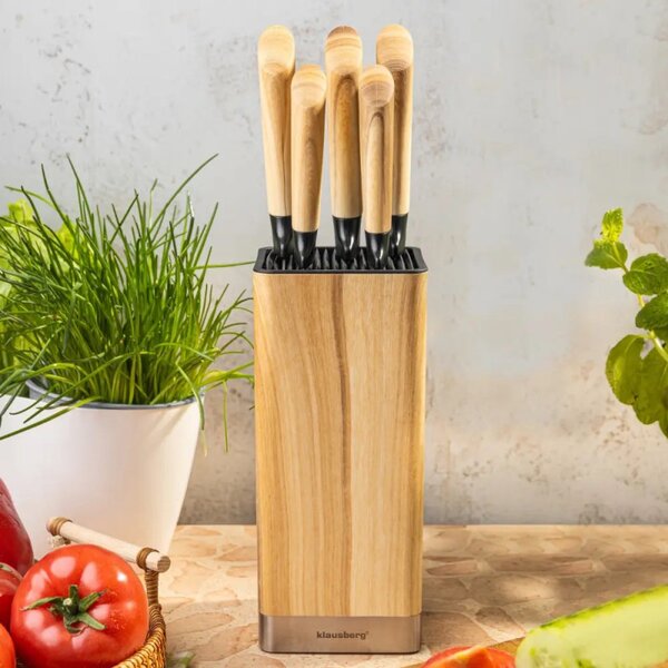 Комплект кухненски ножове Klausberg KB 9035, 6 ч, Неръждаема стомана, Стойка, Кафяв