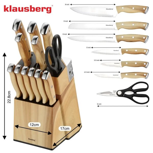 Комплект кухненски ножове Klausberg KB 9038, 13 ч, Вградено точило, Неръждаема стомана, Стойка, Кафяв