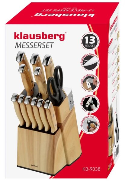 Комплект кухненски ножове Klausberg KB 9038, 13 ч, Вградено точило, Неръждаема стомана, Стойка, Кафяв