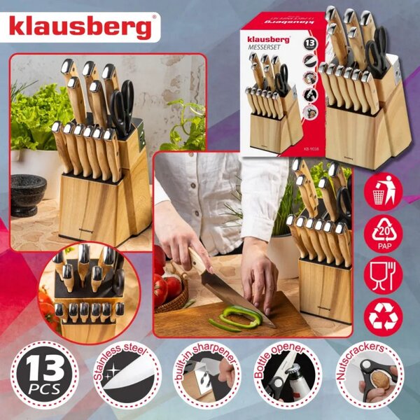 Комплект кухненски ножове Klausberg KB 9038, 13 ч, Вградено точило, Неръждаема стомана, Стойка, Кафяв