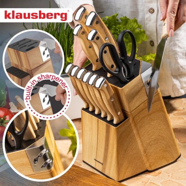 Комплект кухненски ножове Klausberg KB 9038, 13 ч, Вградено точило, Неръждаема стомана, Стойка, Кафяв
