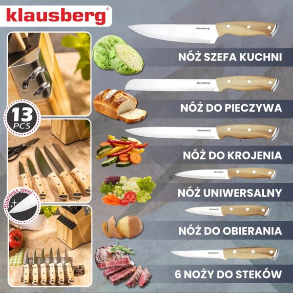 Комплект кухненски ножове Klausberg KB 9038, 13 ч, Вградено точило, Неръждаема стомана, Стойка, Кафяв
