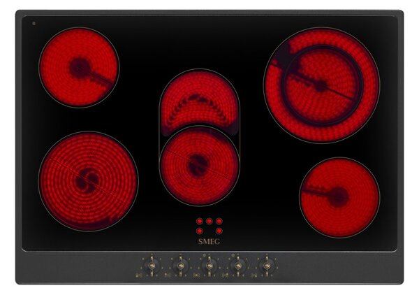 Стъклокерамичен плот за вграждане Smeg P875AO, 8600 W, 6 нива, 5 зони, Автоматично изключване при прегряване, Индикатор за остатъчна топлина, Антрацит
