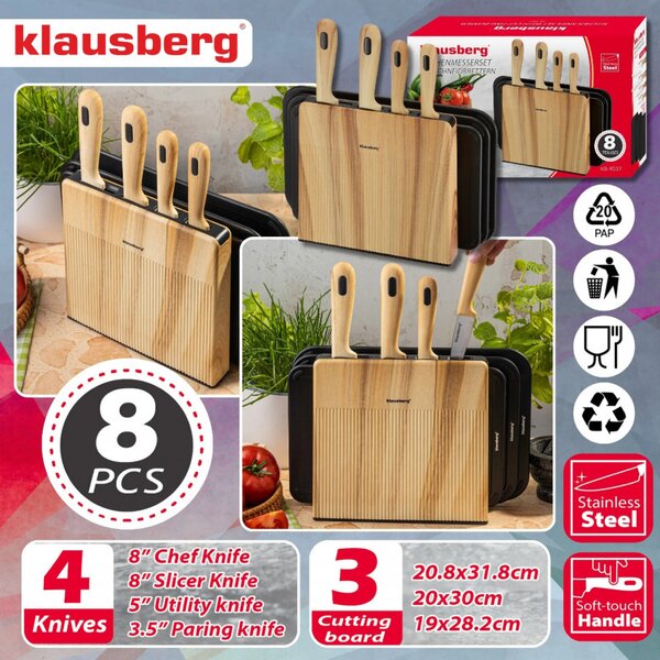 Комплект ножове и дъски за рязане Klausberg KB 9037, 8 части, Неръждаема стомана, Стойка, Кафяв/Черен