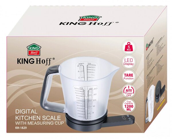 Кухненска везна с мерителна кана Kinghoff KH 1829, 1.5 л, До 5 кг, ТАРА, Автоматично изключване, Черен