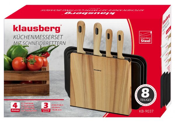 Комплект ножове и дъски за рязане Klausberg KB 9037, 8 части, Неръждаема стомана, Стойка, Кафяв/Черен