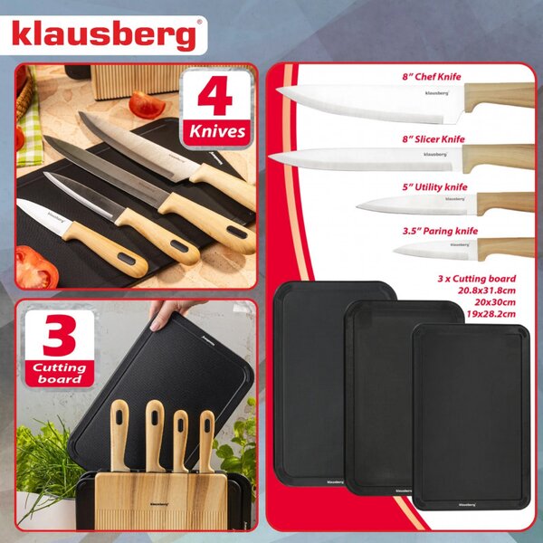 Комплект ножове и дъски за рязане Klausberg KB 9037, 8 части, Неръждаема стомана, Стойка, Кафяв/Черен