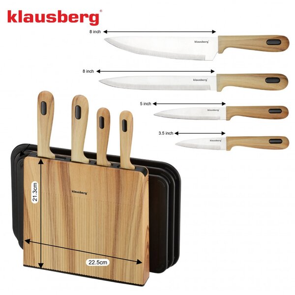 Комплект ножове и дъски за рязане Klausberg KB 9037, 8 части, Неръждаема стомана, Стойка, Кафяв/Черен