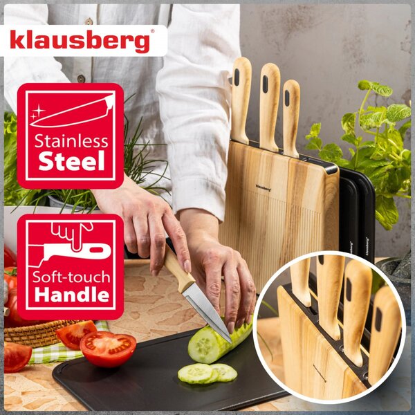 Комплект ножове и дъски за рязане Klausberg KB 9037, 8 части, Неръждаема стомана, Стойка, Кафяв/Черен