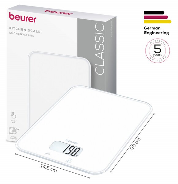 Кухненска везна Beurer KS 19 Pure White, До 5 кг, ТАРА, Сензорно управление, LCD, Стъкло, Ултратънка, Бял